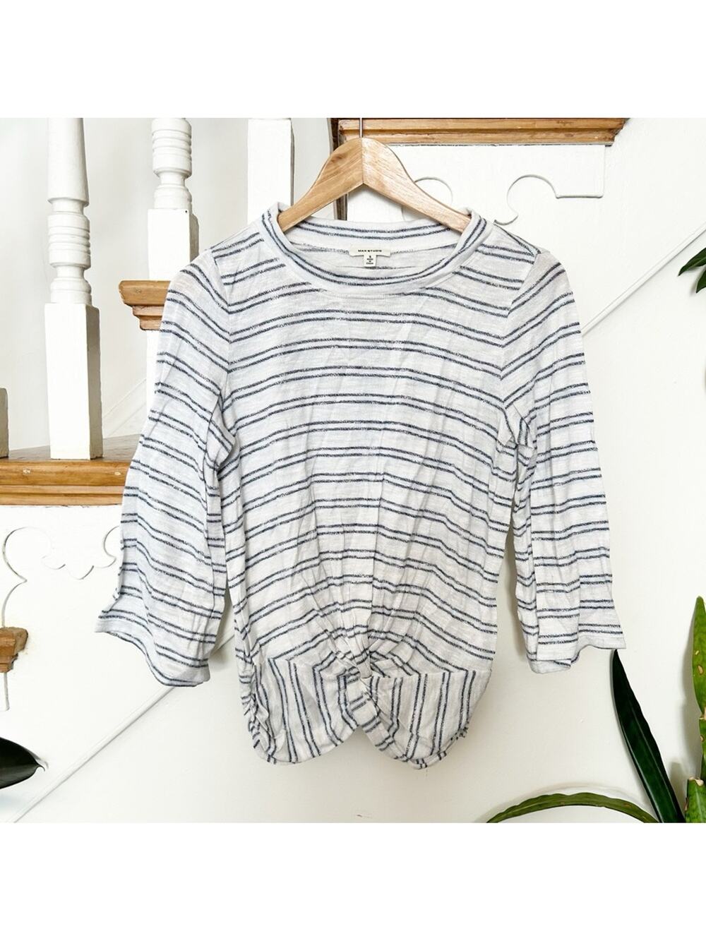 Max Studio Striped Twist Front Top 3/4 Sleeve Crewneck Pullover White Blue Sz S